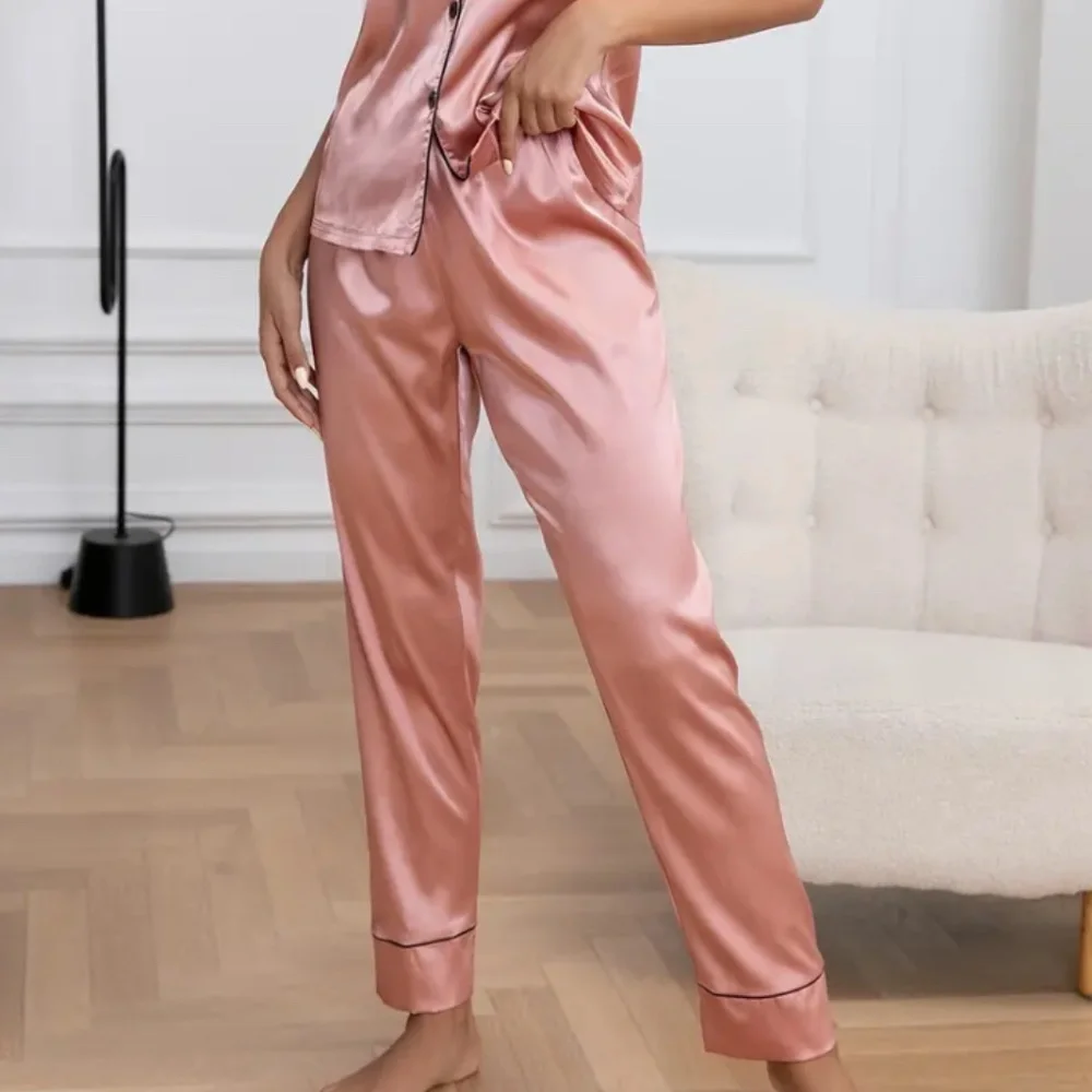 Pink Satin Pajamas Heart Embroidered Pants Set NWT - Medium Small - Picture 5 of 11